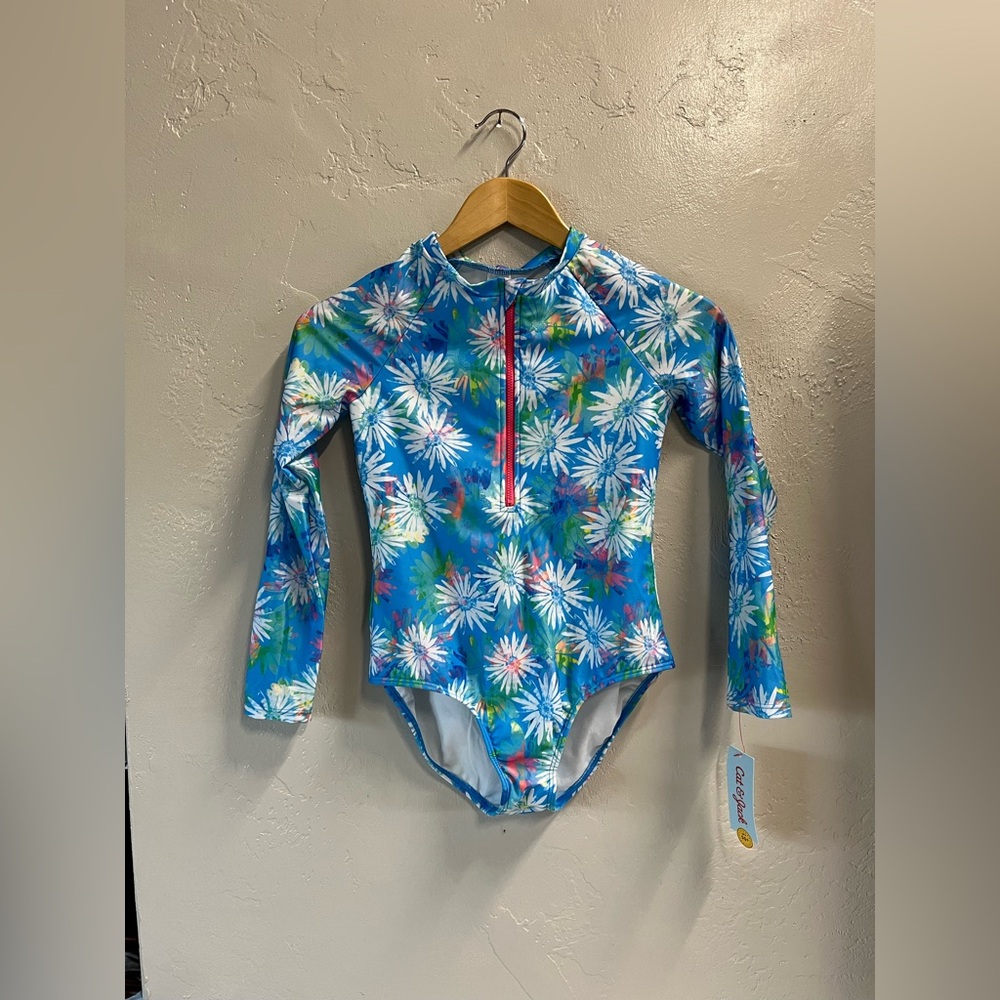 Cat & Jack Girl’s Blue Floral Long-Sleeve One-Piece Swimsuit L (10/12) Plus NWT